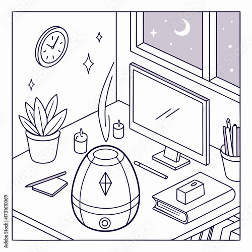 Cozy Desk Setup With Essential Oil Diffuser And Nighttime View