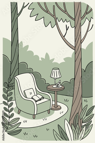 Cozy armchair and lamp in a tranquil forest glade perfect for reading