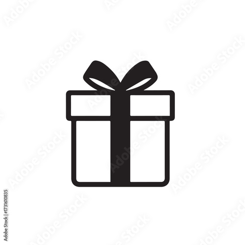 Simple black and white illustration of a gift box with a ribbon, symbolizing celebration and giving