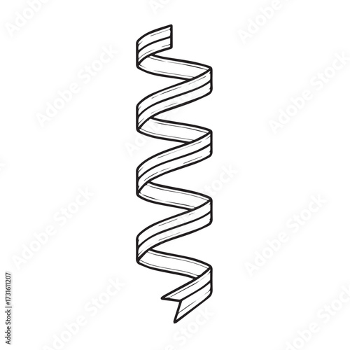 Hand-drawn sketch of a single spiraling ribbon streamer for party decoration. Black and white vector serpentine element isolated on a white background. 21