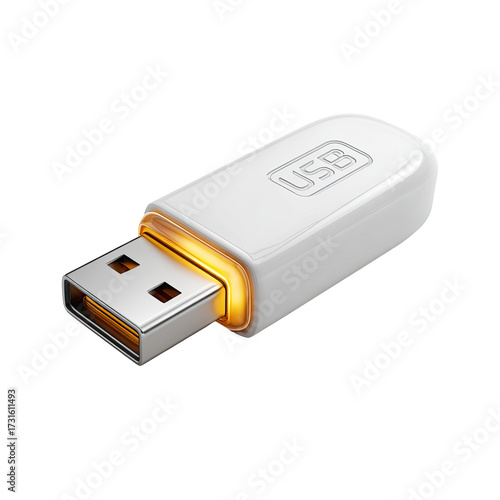 Sleek white USB flash drive with a subtle golden glow around the connector, angled slightly to the left