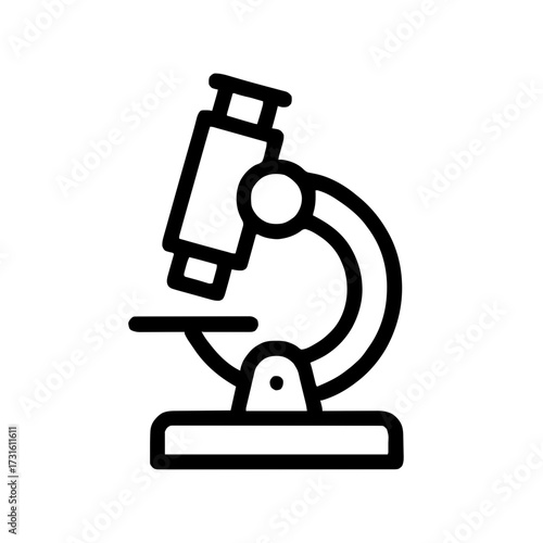 Black and white outline vector icon of a microscope with eyepiece, body tube, stage, and base. Education, medical UI, infographics, and minimalist design projects.