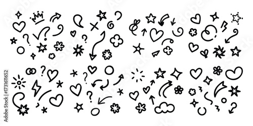 Hand Drawn Doodle Elements Set with Hearts Stars Arrows and More
