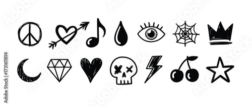 Collection of Hand-Drawn Black and White Icons: Peace, Heart, Music, and More