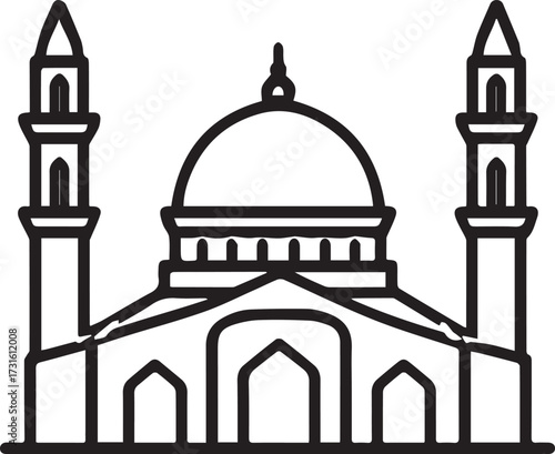 Stylized black and white outline of a traditional Islamic mosque with a central dome and two minarets, a simple vector graphic icon for religious and cultural themes
