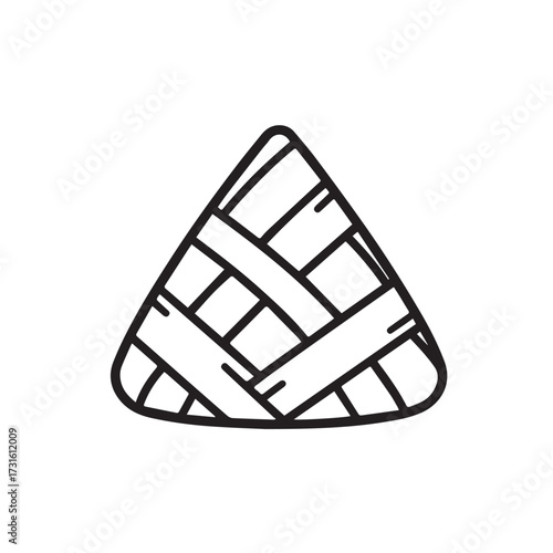 Hand-drawn line art illustration of a traditional triangular glutinous rice dumpling, carefully wrapped in natural leaves, a classic Asian cultural food icon