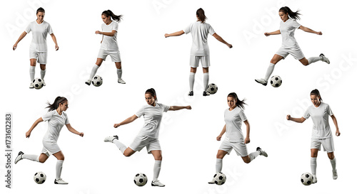 Diverse female soccer players in action poses against a black background