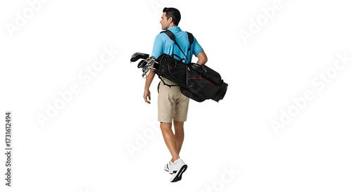 Golfer carrying golf bag on black background