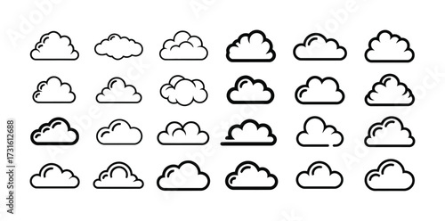 Collection of Stylized Cloud Icons in Black and White Outline