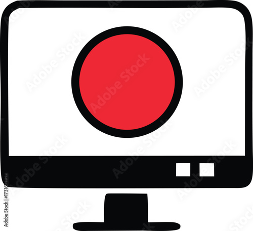 Computer screen displaying red record button symbol recording session icon digital media production equipment