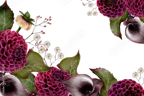watercolor frame illustration with burgundy dahlia and dark calla lily flowers and pearl decoration on white background.for wedding, funeral, postcards, invitations, packaging and floral design
