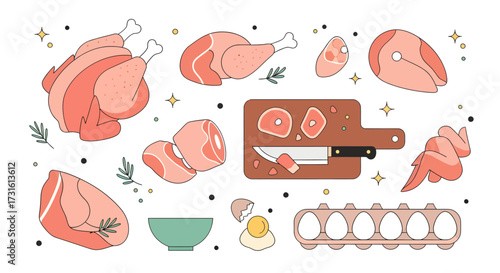 Vector art of raw chicken parts and ingredients for cooking