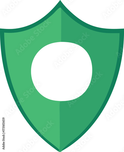 Green shield emblem with central white circle emblematic of protection security safety and trustworthy identity for digital and physical assets