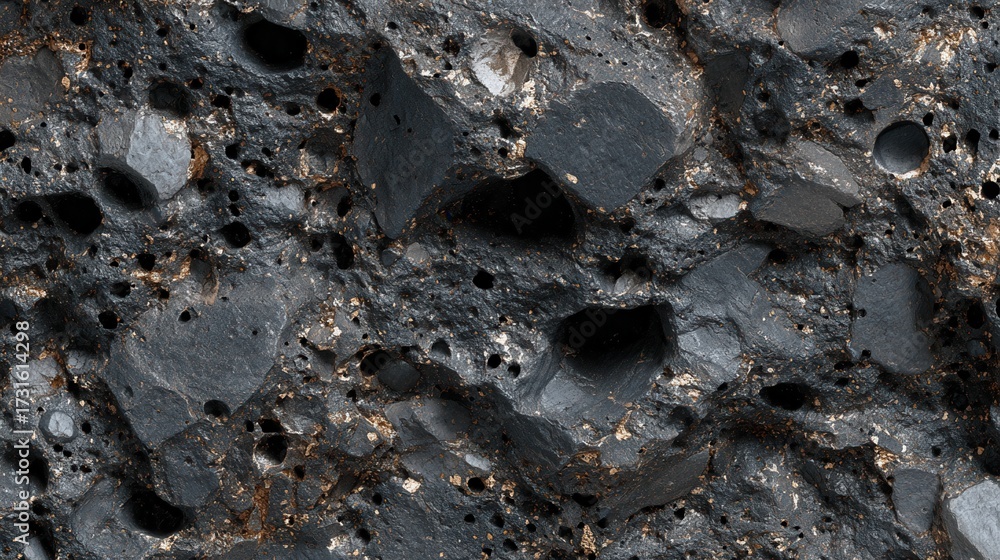 Obraz premium Dark carbonaceous chondrite asteroid texture, showcasing extraterrestrial rock fragments.