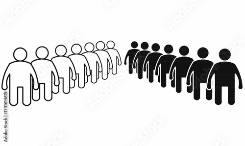 Long queue icon with outline  silhouette human figures in line, symbol of waiting, population, teamwork, order, community, and social organization vector.