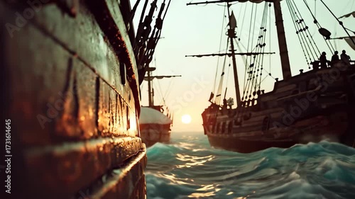 Dynamic video of ancient ships battling rough seas at sunset, evoking historical naval warfare for adventure stories footage