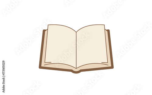 A simple illustration of an open book with a brown cover and blank, beige pages, isolated on a white background.