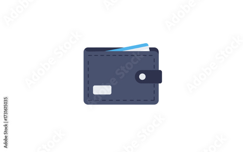 A simple, flat illustration of a dark blue wallet with a snap closure, containing cards and bills.