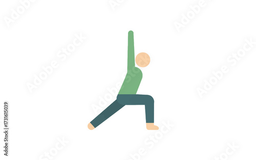 A simple flat illustration of a person in a green shirt practicing a high lunge yoga pose.