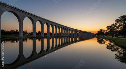 Long arched bridge reflecting in water under a colorful sunset sky with trees on the side