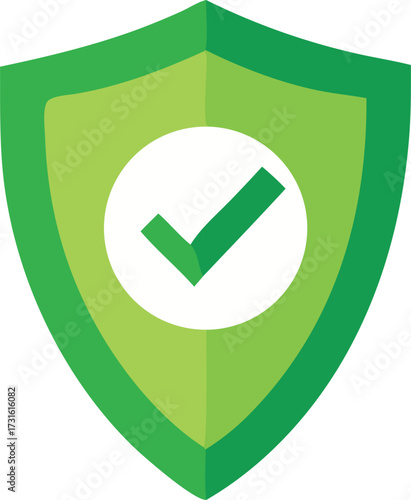 Green shield with checkmark symbolizing security protection safety approval and verification concepts