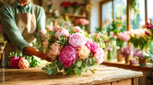Florist arrangements of peonies and roses on a large wooden table