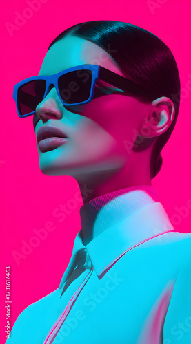fashion portrait of model wearing sunglasses with vibrant pink and blue lighting creating sharp contrast on skin texture