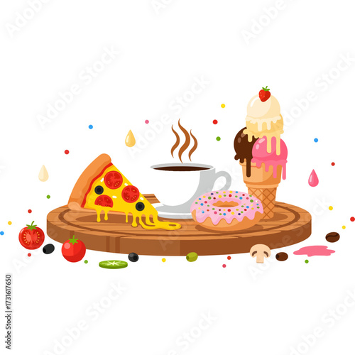 A slice of pizza with melted cheese, hot coffee, an ice cream cone, and a donut arranged on a wooden board. Decorated with ingredients like olives, this image is ideal for a cafe or restaurant menu.
