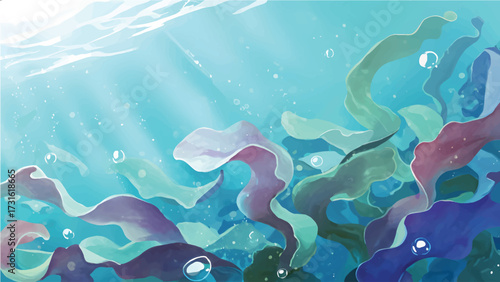 Colorful underwater scene with seaweed, corals, bubbles, and sunlight rays, vibrant ocean illustration perfect for marine themes and aquatic designs.