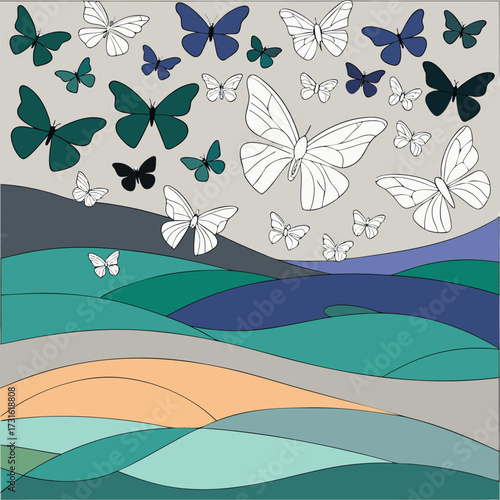 A colorful array of butterflies gracefully flutter over a serene landscape