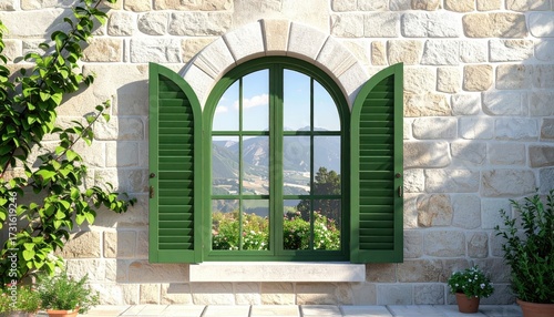 Green shutters and an arched window offer views of a serene landscape, framed by a rustic, textured stone wall and accented by vibrant greenery and potted plants under bright sunlight.