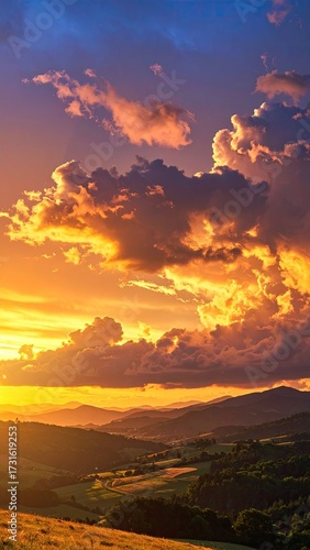 Dramatic Orange and Blue Sky with Rolling Green Hills at Sunset Golden Hour
