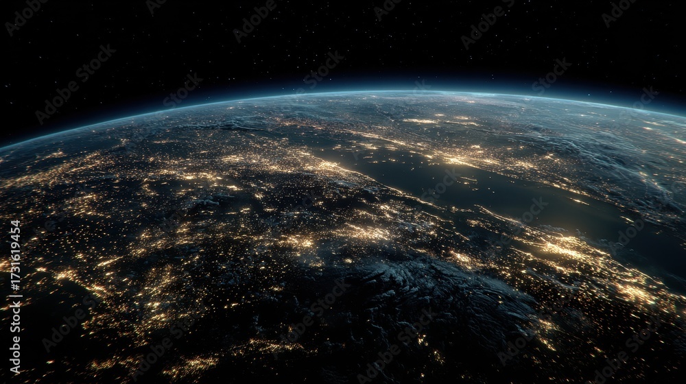 Obraz premium Earth's Nighttime Glow: A stunning view of Earth from space, with the continents and oceans illuminated by the radiant glow of city lights against the backdrop of the star-studded night sky.