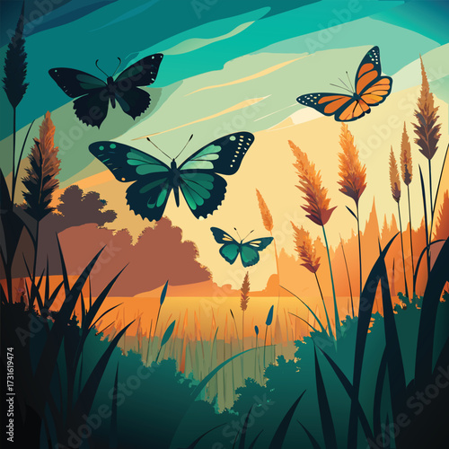 Butterflies fluttering above tall grass at sunset with trees in the background