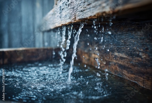 Wallpaper Mural Close-up of water dripping from a rustic wooden spout into a calm pond Torontodigital.ca