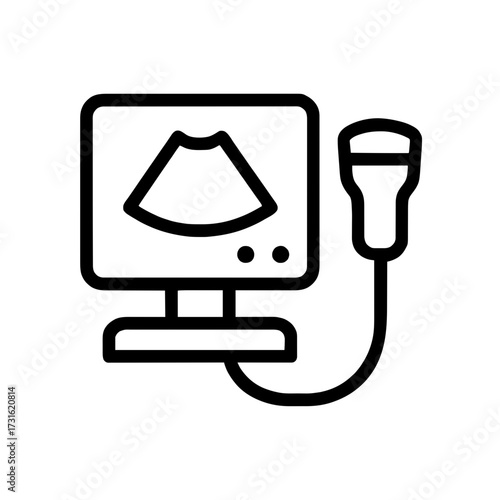 Black and white outline vector icon of an ultrasound machine with monitor and probe. Medical, diagnostic, healthcare UI, infographics, and educational design in clinical contexts.