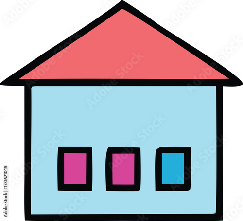 Simple cartoon house icon with red roof and three windows represents home ownership real estate property