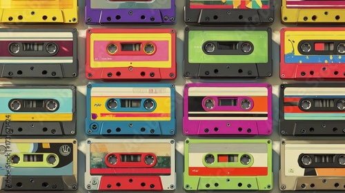 Flat lay seamless texture of colorful retro audio cassette tapes.