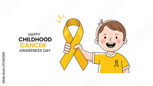 A cheerful cartoon boy proudly holds a bright yellow ribbon, symbolizing Childhood Cancer Awareness Day, with celebratory text.