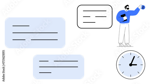 Person managing tasks with speech bubbles, clock, and note pad. Ideal for productivity, time management, teamwork, digital communication, work-life balance, scheduling simple flat metaphor