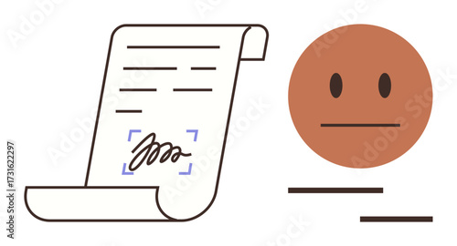 Scroll-style contract with signature and neutral face representing agreement, approval, or evaluation. Ideal for legal services, documentation, authority, compliance, decision-making, business terms