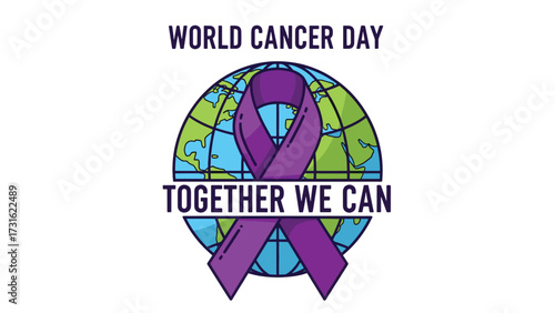 World Cancer Day graphic with a purple ribbon wrapped around a stylized globe, conveying a message of unity and hope.