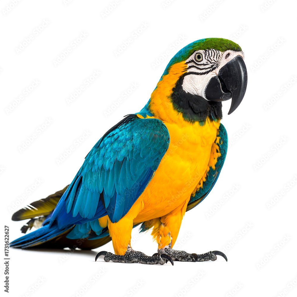 Fototapeta premium A vibrant blue and gold macaw, standing on a white background, is captured in a profile view