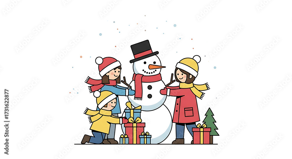 Obraz premium Joyful 2D flat Christmas illustration of children building a cheerful snowman and decorating with Christmas gift boxes, embodying flat holiday season art and festive winter celebration