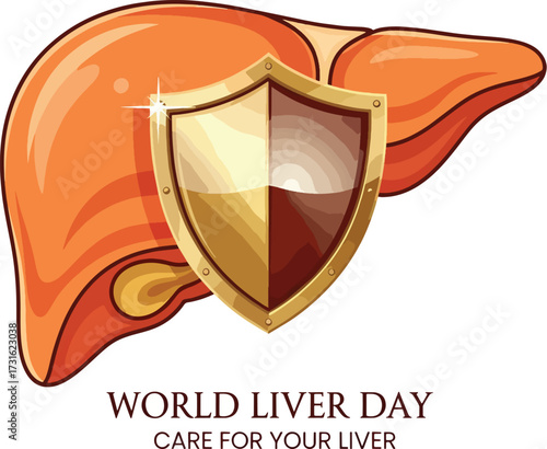 A stylized illustration depicts a healthy, vibrant liver protected by a golden shield, symbolizing liver health and awareness.