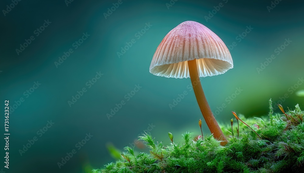 Fototapeta premium Delicate pink mushroom atop moss