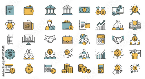 A collection of colorful flat design icons representing finance, business, and investment concepts on a white background.