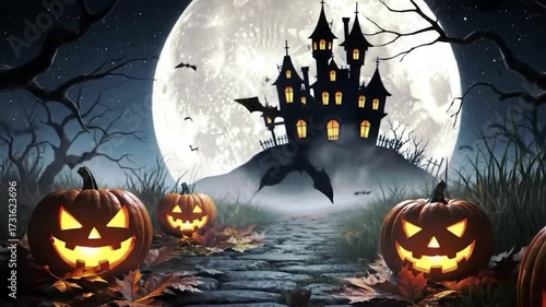 Halloween night with haunted house, pumpkins, bats and full moon in background