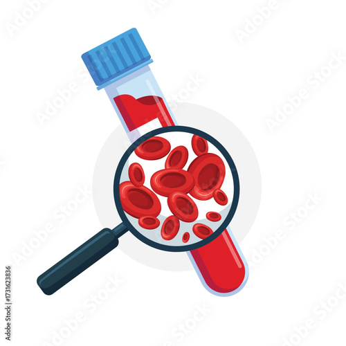Laboratory blood test for infection.  magnifying glass and test tube with blood sample to research and find viruses and bacteria in hematology analysis cartoon vector illustration

