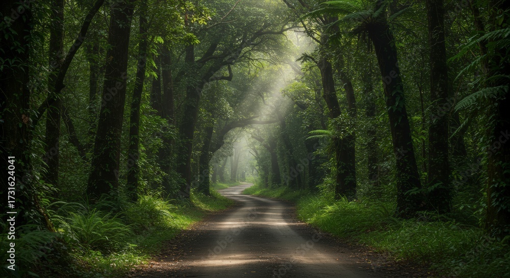 Obraz premium Lush green forest path with sunlight streaming through the trees creating a scenic natural environment